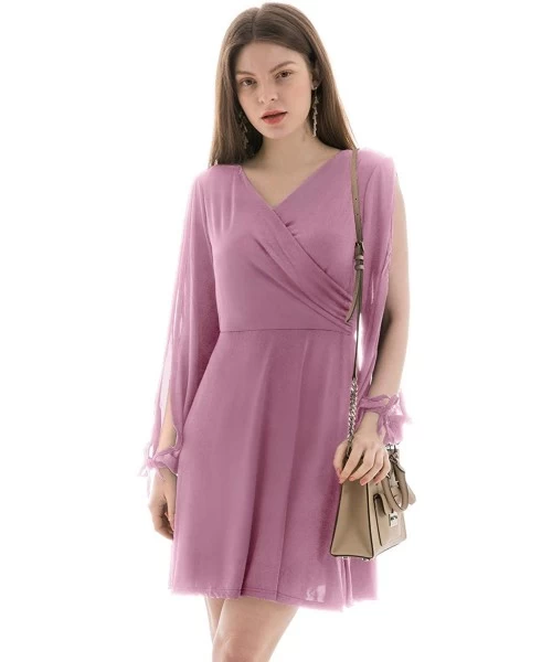 Cover-Ups Summer Dresses for Women Elastic High Waist V Neck Split Tie Long Sleeve Dress Sexy Solid Midi Tunic Dress Pink Pur...