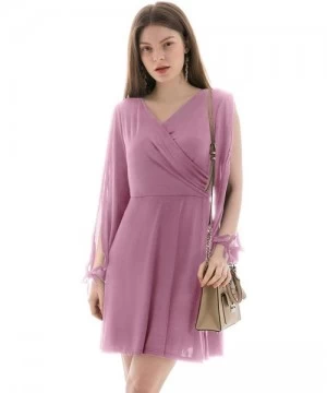 Cover-Ups Summer Dresses for Women Elastic High Waist V Neck Split Tie Long Sleeve Dress Sexy Solid Midi Tunic Dress Pink Pur...