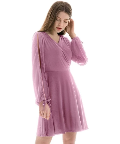 Cover-Ups Summer Dresses for Women Elastic High Waist V Neck Split Tie Long Sleeve Dress Sexy Solid Midi Tunic Dress Pink Pur...