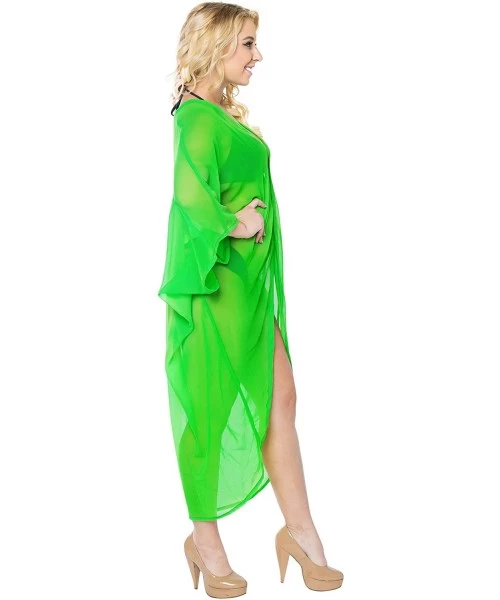 Cover-Ups Women's Open Front Kimono Cardigan Swim Beach Cover Ups Solid Plain - Summer Green_o979 - CJ12N388JLS