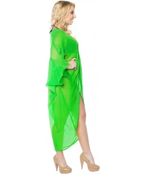 Cover-Ups Women's Open Front Kimono Cardigan Swim Beach Cover Ups Solid Plain - Summer Green_o979 - CJ12N388JLS