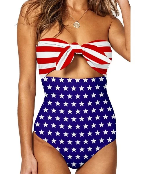 One-Pieces Womens Sexy Strapless Tie Knot Front High Waist One Piece Swimsuit - Us Flag - CP19C6U3G50