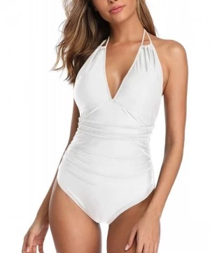 One-Pieces Halter Tummy Control Swimsuit for Women Sexy V Neck Backless Bathing Suit Ruched One Piece Swimwear - White - CA19...