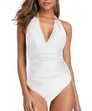 One-Pieces Halter Tummy Control Swimsuit for Women Sexy V Neck Backless Bathing Suit Ruched One Piece Swimwear - White - CA19...