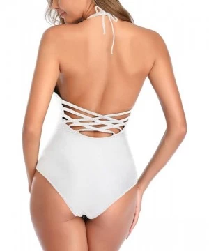 One-Pieces Halter Tummy Control Swimsuit for Women Sexy V Neck Backless Bathing Suit Ruched One Piece Swimwear - White - CA19...