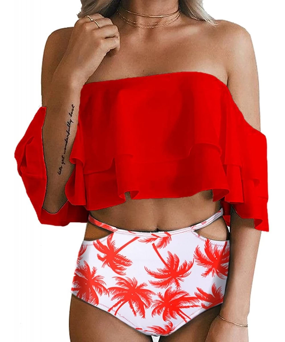 Sets Women Two Piece Swimsuit High Waisted Off Shoulder Ruffled Bikini Set - Rd Tree-1 - CH18CRD4RZI