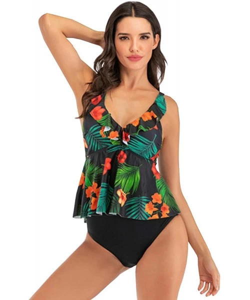 Sets Women's High Waisted Bikini Set Two Pieces Ruffle Flounce V Neck Swimsuit - Hawaii Flower - CU19408RHQW