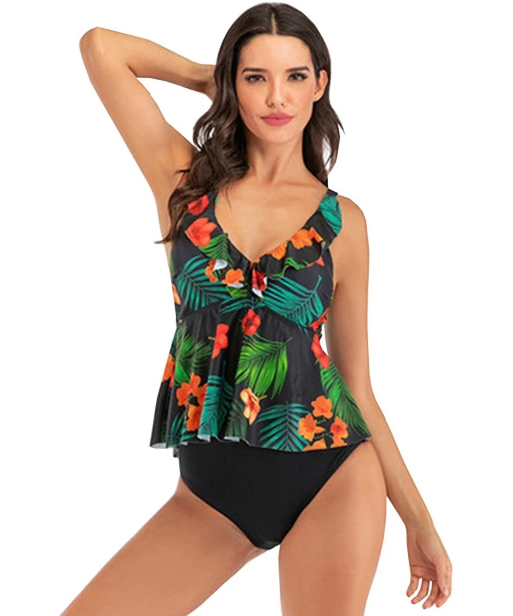 Sets Women's High Waisted Bikini Set Two Pieces Ruffle Flounce V Neck Swimsuit - Hawaii Flower - CU19408RHQW