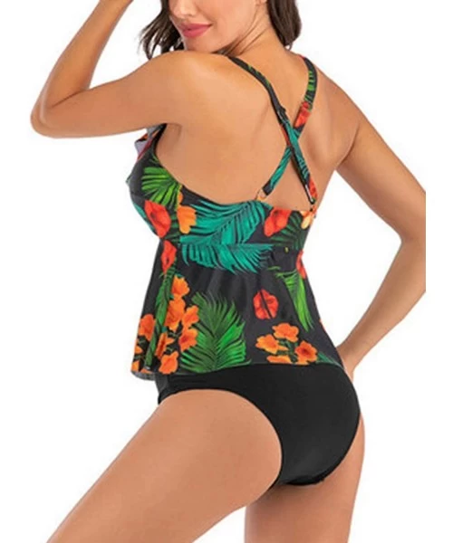 Sets Women's High Waisted Bikini Set Two Pieces Ruffle Flounce V Neck Swimsuit - Hawaii Flower - CU19408RHQW