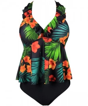 Sets Women's High Waisted Bikini Set Two Pieces Ruffle Flounce V Neck Swimsuit - Hawaii Flower - CU19408RHQW