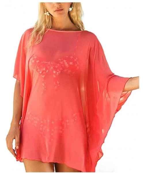 Cover-Ups Women Flyaway Crew-Neck Sunscreen Chiffon Beach Wear Bikini Cover up - Red - CG199I9N3MI