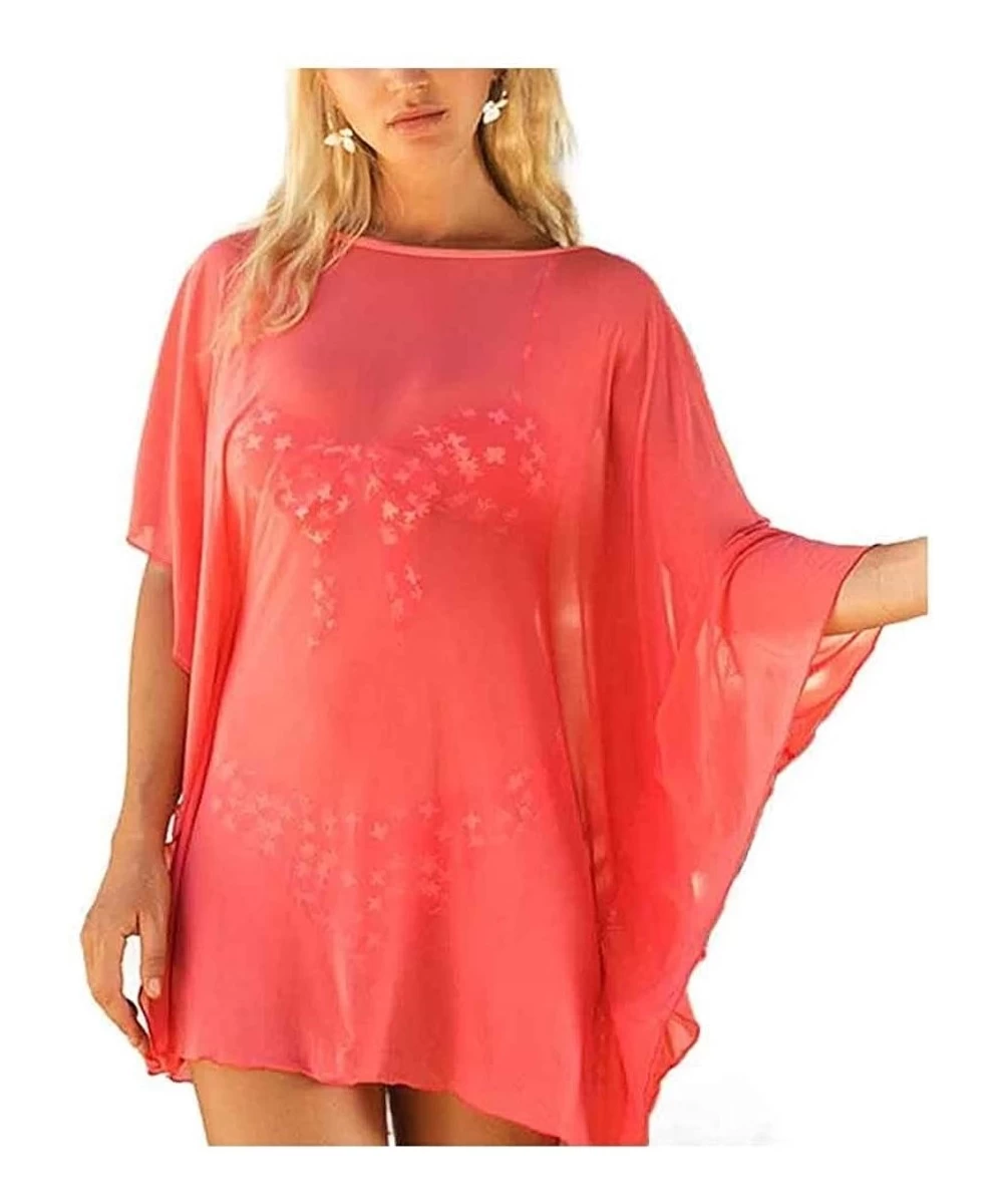 Cover-Ups Women Flyaway Crew-Neck Sunscreen Chiffon Beach Wear Bikini Cover up - Red - CG199I9N3MI