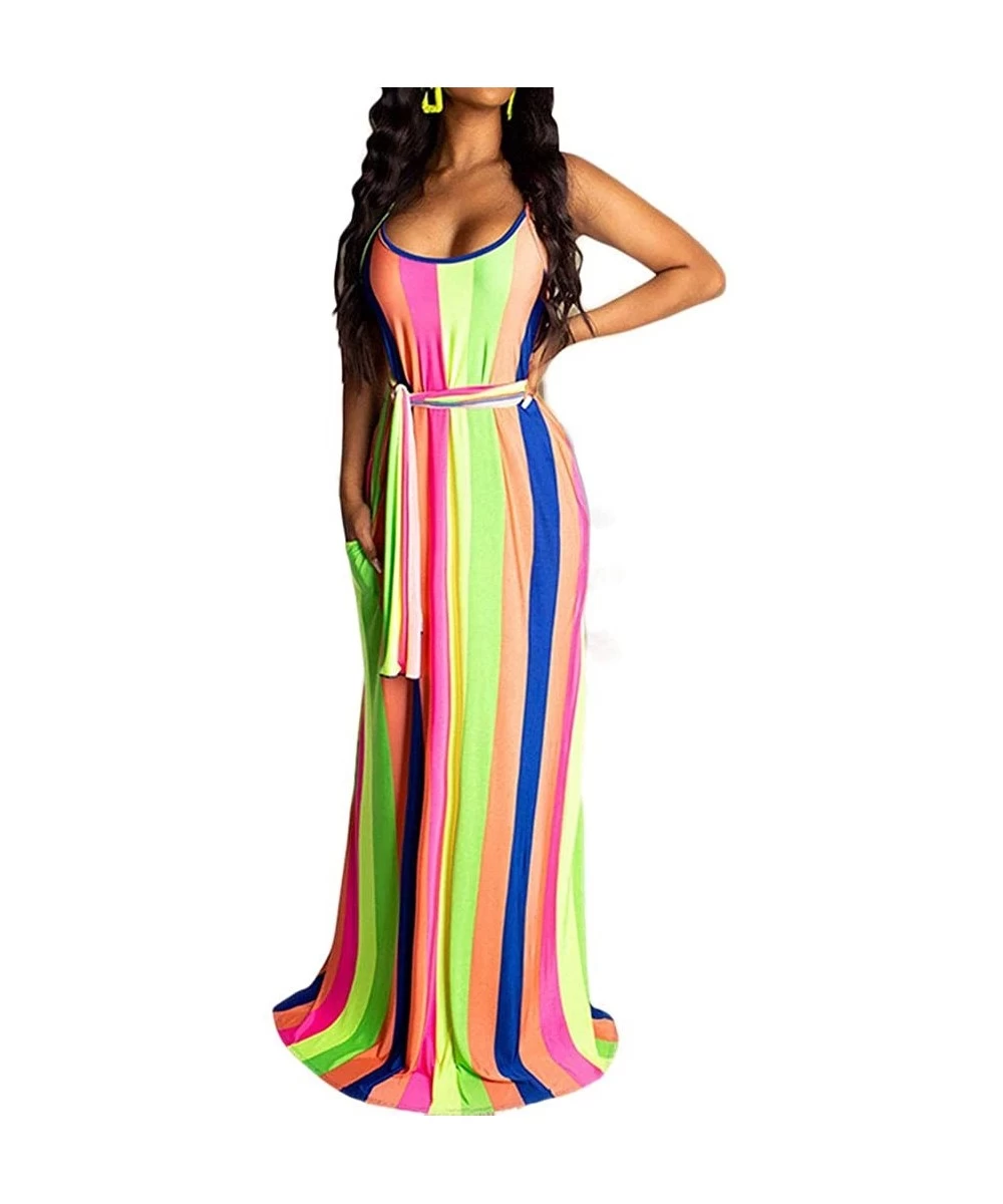 Cover-Ups Women's Striped Spaghetti Straps Suspender Maxi Dress V Neck Loose Long Dress Summer Colorful Sundress Beachdress -...