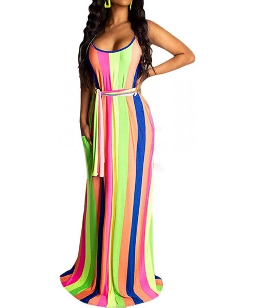 Cover-Ups Women's Striped Spaghetti Straps Suspender Maxi Dress V Neck Loose Long Dress Summer Colorful Sundress Beachdress -...