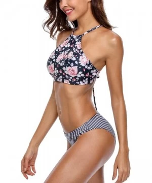 Sets Women High Neck Halter Bikini Set Padded Two Piece Strappy Bathing Suit - Floral Top With Striped Bottom - CO18E9UZ6SM