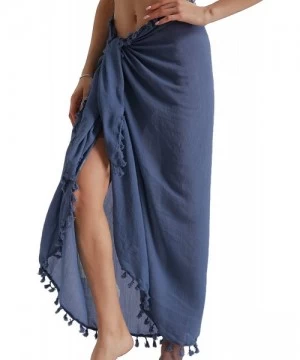 Cover-Ups Beach Sarong Pareo Womens Semi-Sheer Swimwear Cover Ups Short Skirt with Tassels - 19-bule-long - CX18T2ES2YM