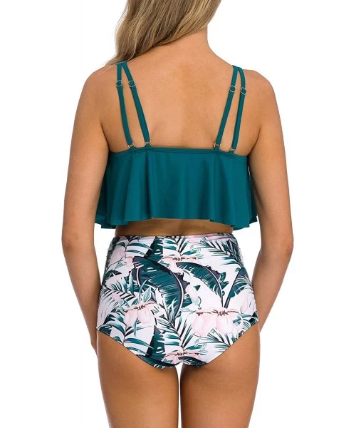 Tankinis Women's High Neck Two Piece Bathing Suits Top Ruffled High Waist Swimsuit Tankini Bikini Sets - Green-leaves 2 - CQ1...