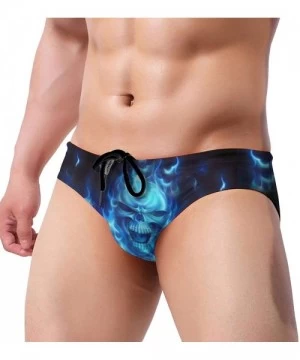 Briefs Mens Adjustable Drawstrings Swim Beach Briefs Swimsuit - Skull Blue Flame - CR1976L8HZH