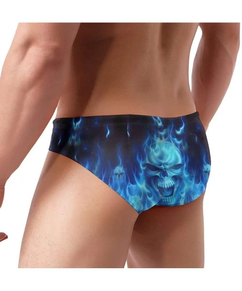 Briefs Mens Adjustable Drawstrings Swim Beach Briefs Swimsuit - Skull Blue Flame - CR1976L8HZH