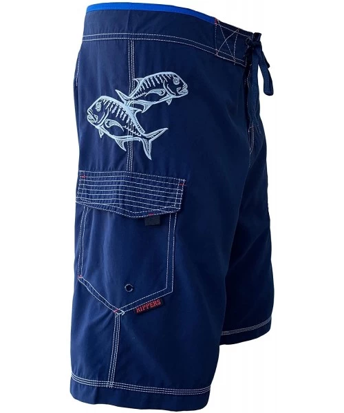 Board Shorts Men's Board Shorts - Ulua Fish Triple Stitch Quick Dry Men's Swim Trunks Silver Embroidery - Navy Silver - CZ18T...