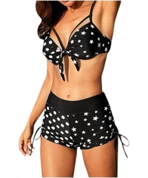 Sets Women's High Waist Two Pieces Bikini Set Bow-Knot Tassel Swimsuit Dots Boyshort Swimwear - Black - CK194XM77GC