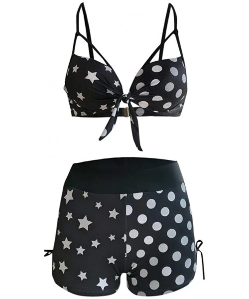 Sets Women's High Waist Two Pieces Bikini Set Bow-Knot Tassel Swimsuit Dots Boyshort Swimwear - Black - CK194XM77GC