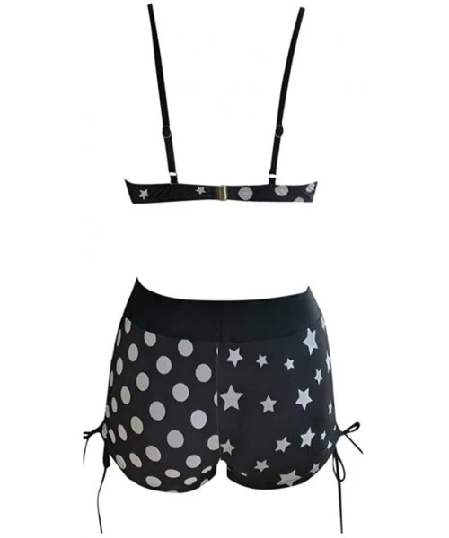 Sets Women's High Waist Two Pieces Bikini Set Bow-Knot Tassel Swimsuit Dots Boyshort Swimwear - Black - CK194XM77GC