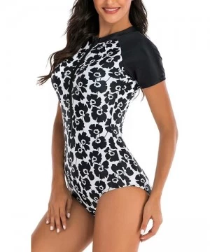 Rash Guards Women's Athletic Swimsuit Long Sleeve Rash Guard Swimming Bathing Suit Swimwear - Black White Floral - C11945XDXTQ