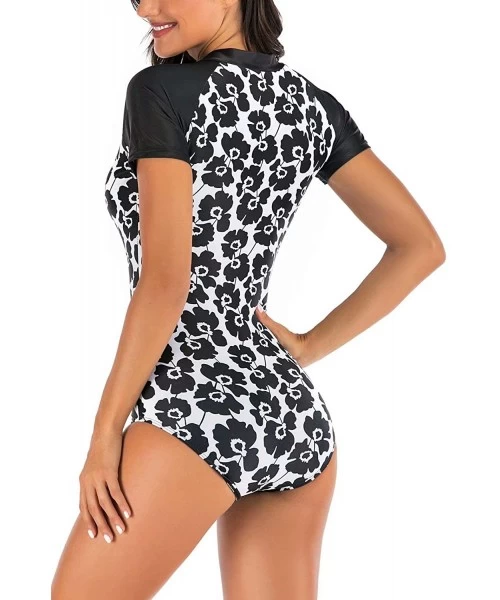 Rash Guards Women's Athletic Swimsuit Long Sleeve Rash Guard Swimming Bathing Suit Swimwear - Black White Floral - C11945XDXTQ