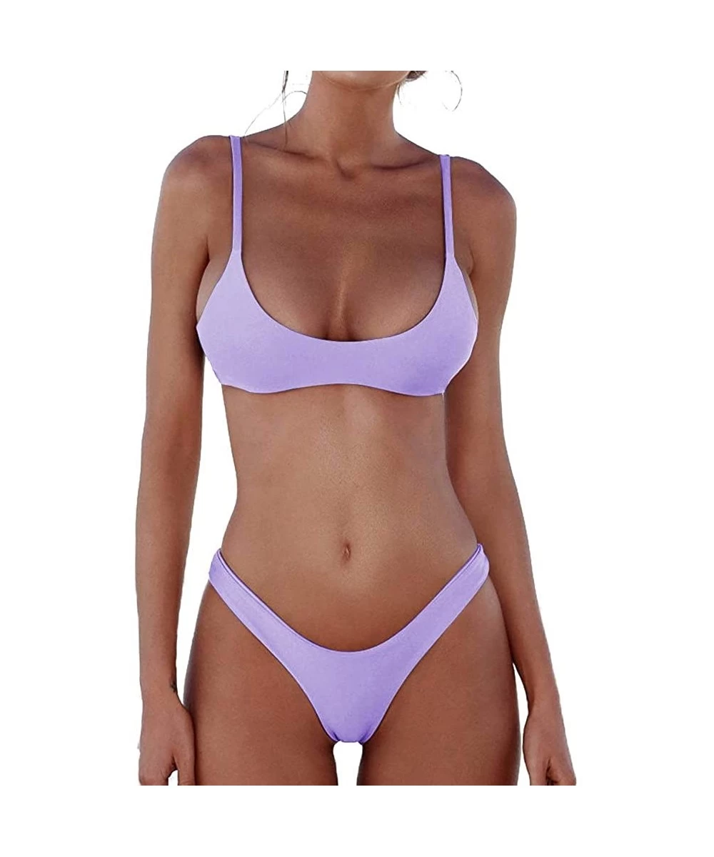 Sets Womens Swimsuits 2 Pcs Brazilian Top Thong Bikini Set High Waisted Bathing Suits for Women - Light Purple - CR1908GOUMZ