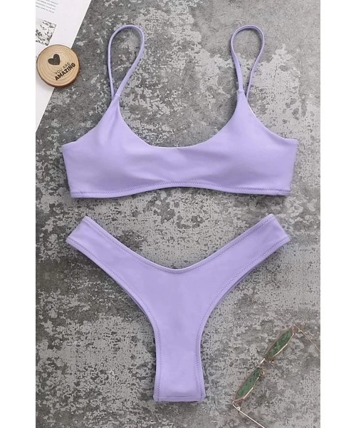 Sets Womens Swimsuits 2 Pcs Brazilian Top Thong Bikini Set High Waisted Bathing Suits for Women - Light Purple - CR1908GOUMZ