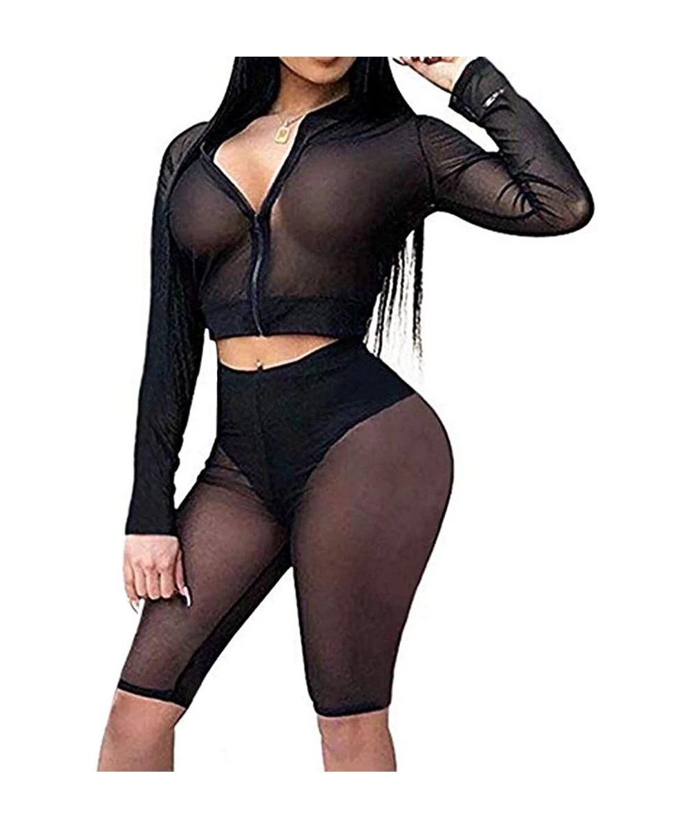 Sets Women Sexy Two Piece Fishnet Swimwear Cover Ups Mesh Crop Top High Waist Shorts Set - Black-zip - C818UEXK94K