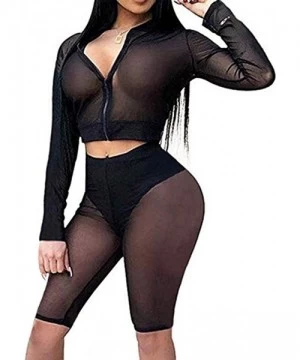 Sets Women Sexy Two Piece Fishnet Swimwear Cover Ups Mesh Crop Top High Waist Shorts Set - Black-zip - C818UEXK94K