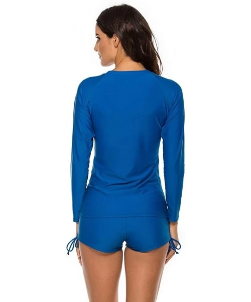 Rash Guards Women's Long Sleeve Rashguard UPF 50 Sun Protection Swimsuit Top Swim Shirts with Boy Short Bottom - Blue - CW196...