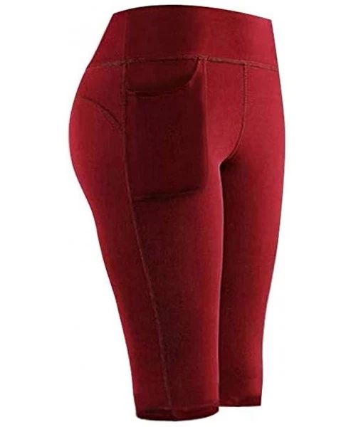 Bottoms Yoga Leggings with Pockets for Women High Waist Tummy Control Yoga Pants Capris Workout Leggings Shorts - Wine 2 - CX...