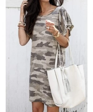 Cover-Ups Women Camo Print Ruffled Short Sleeve Casual Mini T Shirt Dresses - A0 Khaki - CF199HA6RDZ