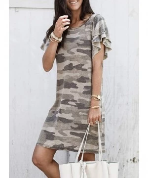 Cover-Ups Women Camo Print Ruffled Short Sleeve Casual Mini T Shirt Dresses - A0 Khaki - CF199HA6RDZ