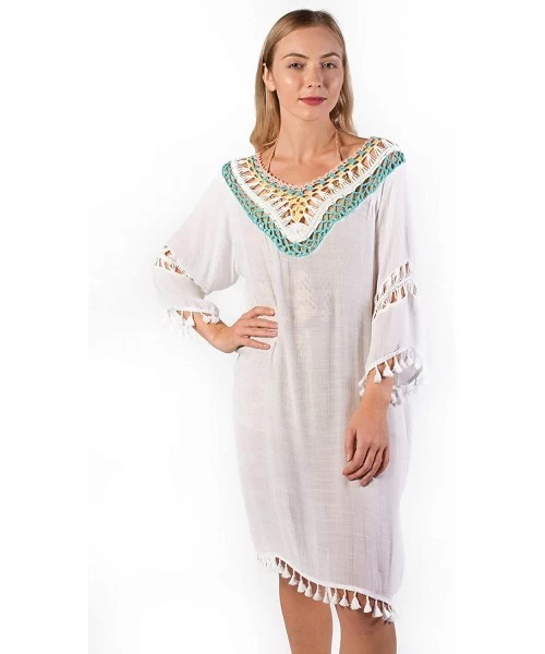 Cover-Ups Women's Bikini Beach Swimsuit Cover Up Crochet Tassel Dress - White - CJ18LEE7XZQ