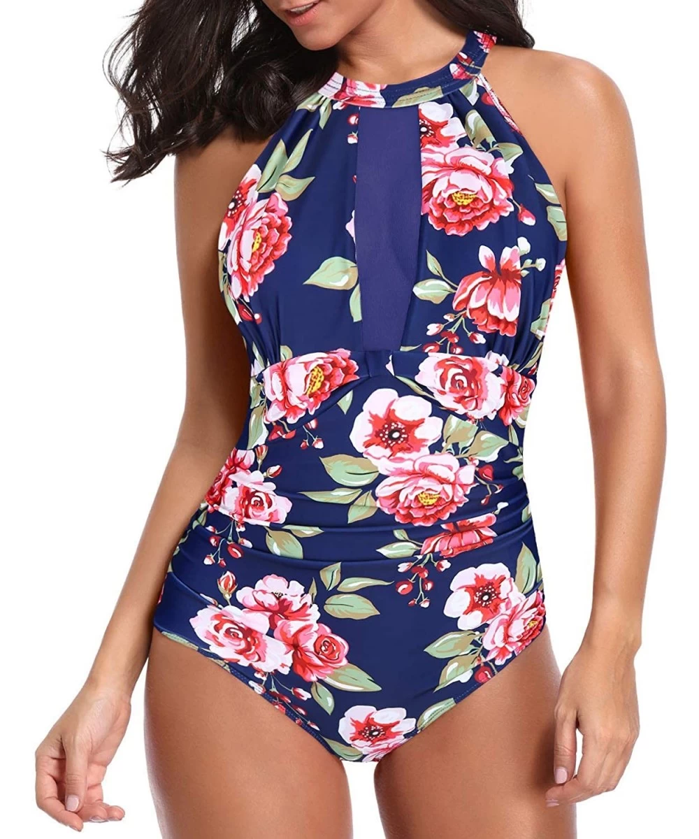 One-Pieces Women One Piece Swimsuit High Neck Plunge Mesh Ruched Monokini Swimwear - Red Floral -1 - C618WXRTH2N