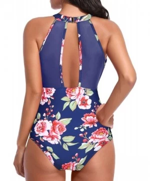 One-Pieces Women One Piece Swimsuit High Neck Plunge Mesh Ruched Monokini Swimwear - Red Floral -1 - C618WXRTH2N