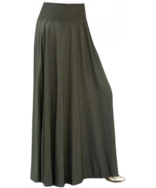 Cover-Ups Elastic High Waist Pleated Skirt Flare Solid Color A Line Shirring Casual Long Skirt Beach - Green - C7194CDUSNN