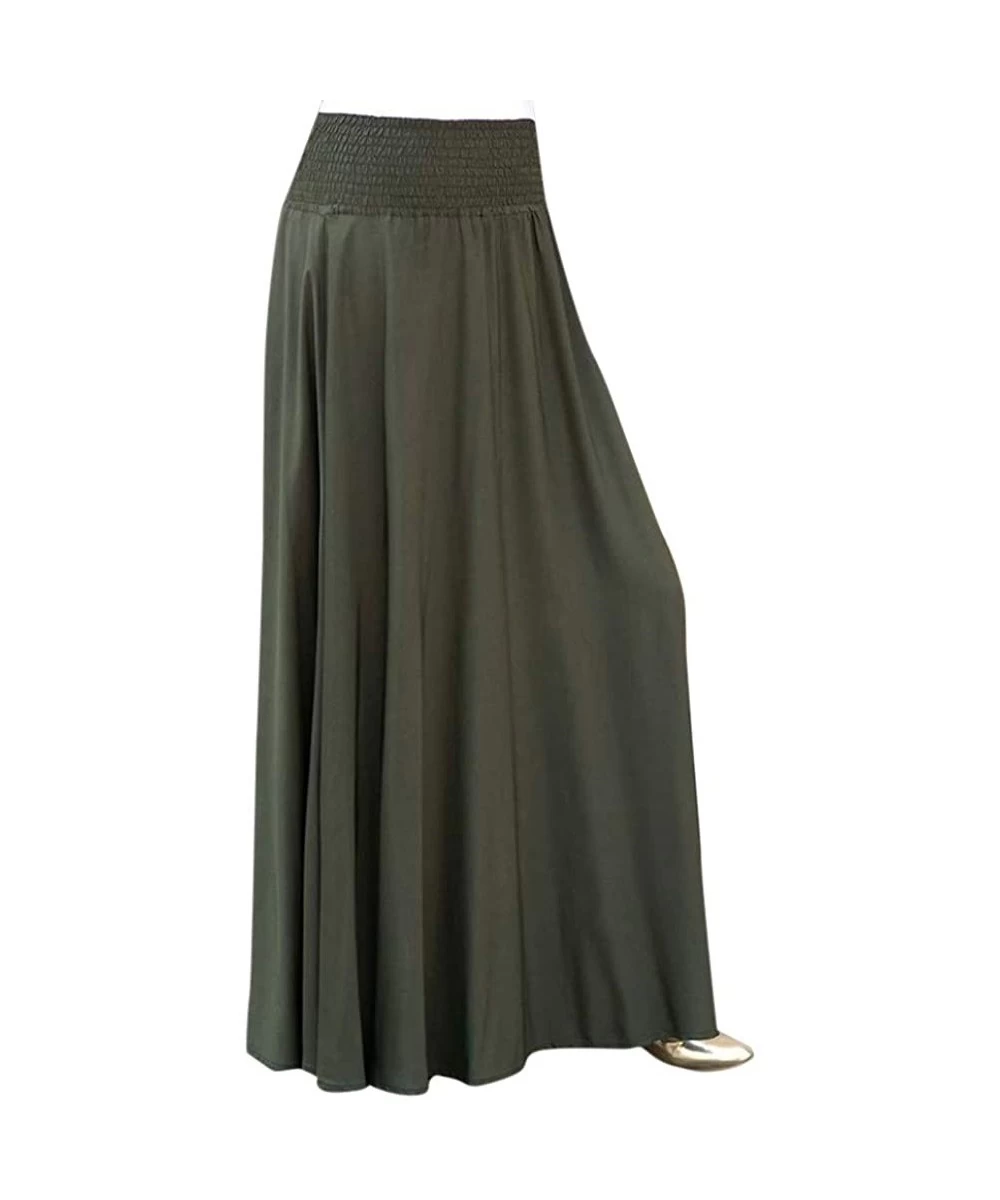 Cover-Ups Elastic High Waist Pleated Skirt Flare Solid Color A Line Shirring Casual Long Skirt Beach - Green - C7194CDUSNN