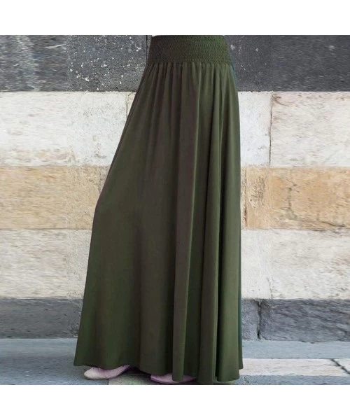 Cover-Ups Elastic High Waist Pleated Skirt Flare Solid Color A Line Shirring Casual Long Skirt Beach - Green - C7194CDUSNN