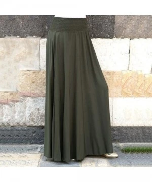 Cover-Ups Elastic High Waist Pleated Skirt Flare Solid Color A Line Shirring Casual Long Skirt Beach - Green - C7194CDUSNN