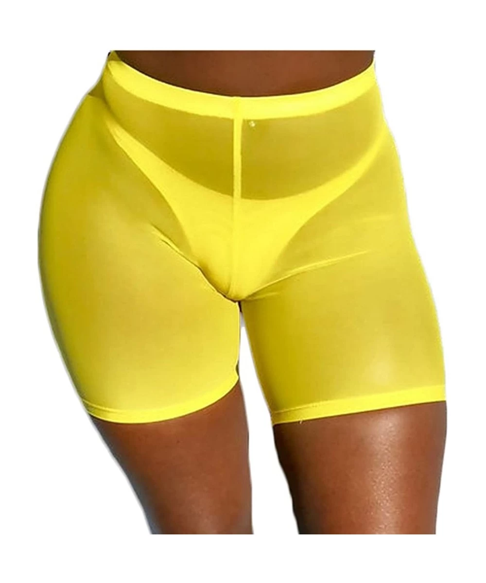 Cover-Ups Women Sexy Perspective Mesh Sheer Swim Shorts Pants Bikini Bottom Cover up - A-yellow - C518EO9Q570