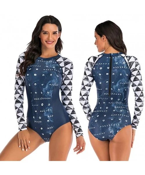 Tops Women's One Piece Long Sleeve Rashguard Wetsuit Swimsuit Sun Protection Bathing Suits - 05 Navy Geo - CM194L5E4NG