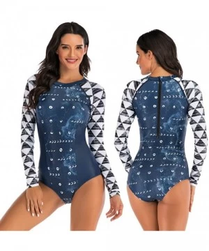 Tops Women's One Piece Long Sleeve Rashguard Wetsuit Swimsuit Sun Protection Bathing Suits - 05 Navy Geo - CM194L5E4NG