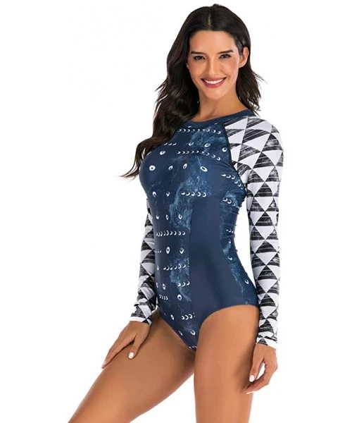 Tops Women's One Piece Long Sleeve Rashguard Wetsuit Swimsuit Sun Protection Bathing Suits - 05 Navy Geo - CM194L5E4NG