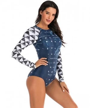 Tops Women's One Piece Long Sleeve Rashguard Wetsuit Swimsuit Sun Protection Bathing Suits - 05 Navy Geo - CM194L5E4NG