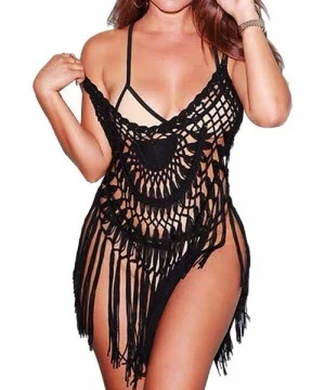 Cover-Ups Women Crochet Cover Up Sexy Lace Bathing Suit Tassel Bikini Swimwear Summer Beach Dress - Black - CP195H357EZ